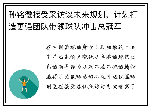 孙铭徽接受采访谈未来规划，计划打造更强团队带领球队冲击总冠军