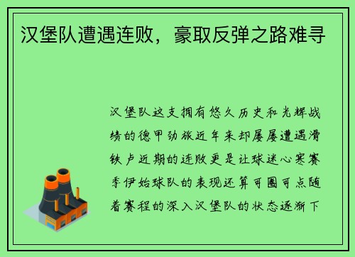 汉堡队遭遇连败，豪取反弹之路难寻