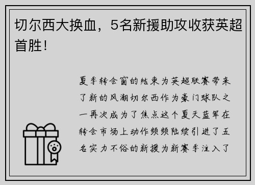 切尔西大换血，5名新援助攻收获英超首胜！