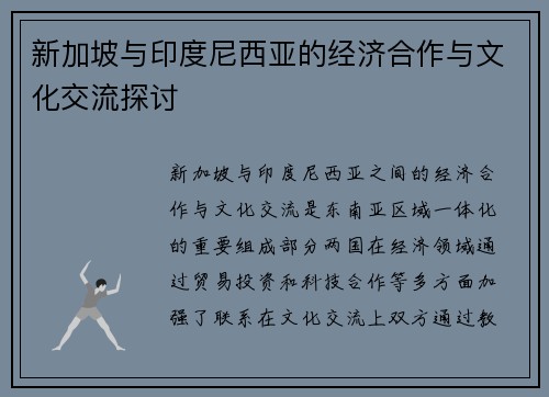 新加坡与印度尼西亚的经济合作与文化交流探讨
