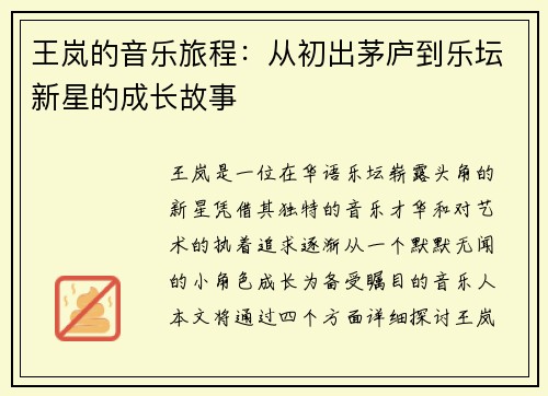王岚的音乐旅程：从初出茅庐到乐坛新星的成长故事
