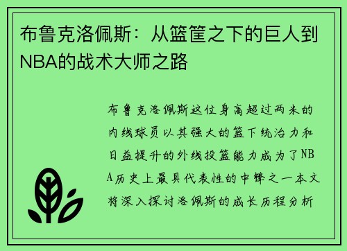 布鲁克洛佩斯：从篮筐之下的巨人到NBA的战术大师之路