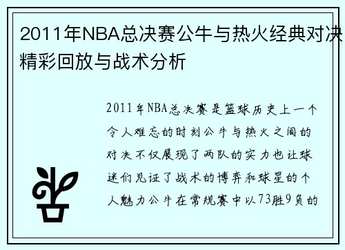2011年NBA总决赛公牛与热火经典对决精彩回放与战术分析