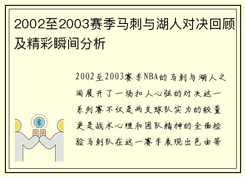 2002至2003赛季马刺与湖人对决回顾及精彩瞬间分析