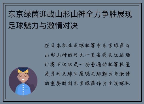 东京绿茵迎战山形山神全力争胜展现足球魅力与激情对决