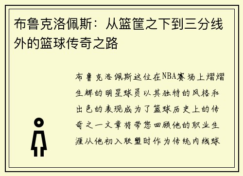 布鲁克洛佩斯：从篮筐之下到三分线外的篮球传奇之路