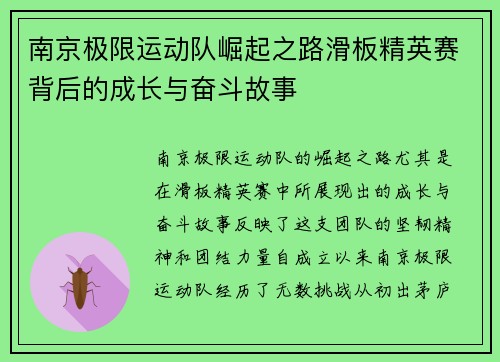 南京极限运动队崛起之路滑板精英赛背后的成长与奋斗故事