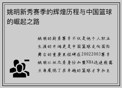 姚明新秀赛季的辉煌历程与中国篮球的崛起之路