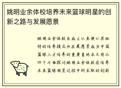 姚明业余体校培养未来篮球明星的创新之路与发展愿景