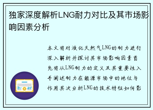 独家深度解析LNG耐力对比及其市场影响因素分析