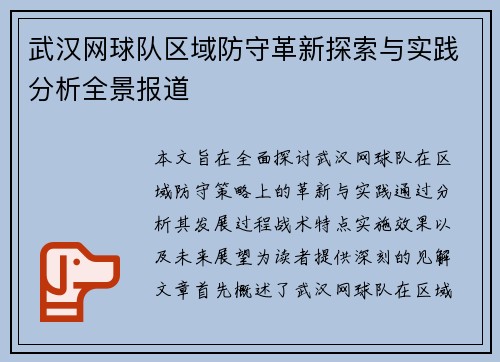 武汉网球队区域防守革新探索与实践分析全景报道