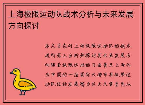 上海极限运动队战术分析与未来发展方向探讨