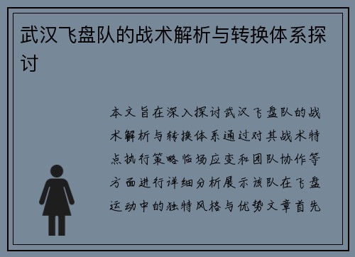武汉飞盘队的战术解析与转换体系探讨